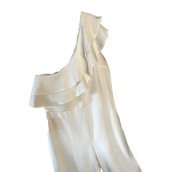 Express White One Shoulder Ruffle, Wide Leg Women's Jumpsuit, Size large - Picture 5 of 7